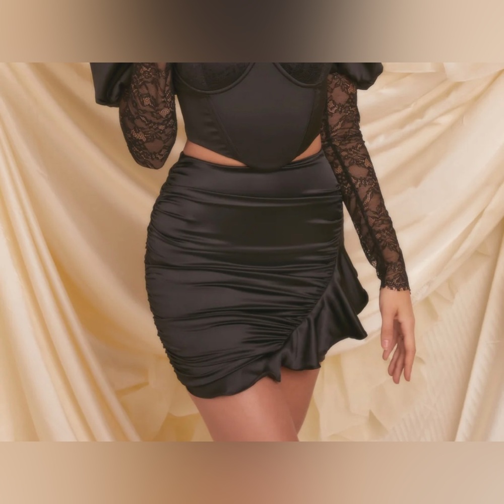 Oh Polly satin frill mini skirt in black